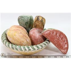 CLAY BOWL WITH 6 CLAY FRUIT ORNAMENTS