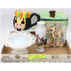 VINTAGE BAMBI DESIGN COOKIE JAR, BAMBI VASE AND 2