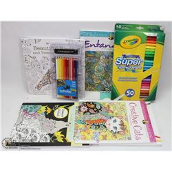 5 ADULT COLORING BOOKS, PACKAGE OF MARKERS,