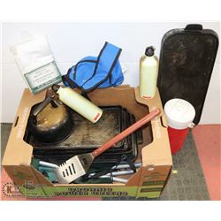 BOX OF CAMPING SUPPLIES INCLUDING CAST IRON