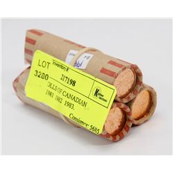 THREE ROLLS OF CANADIAN PENNIES 1981  1982  1983.