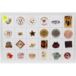 SHEET OF 24 ASSORTED COLLECTOR PINS