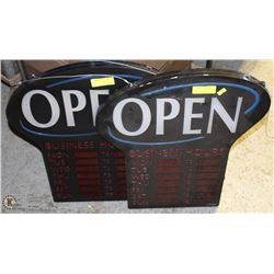 PAIR OF OPEN SIGNS WITH BUSINESS HOURS