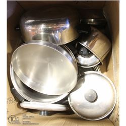 LARGE BOX OF STAINLESS STEEL POTS, LIDS & MORE!