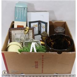 BOX OF HOME DECOR NEW & USED ITEMS INCLUDES