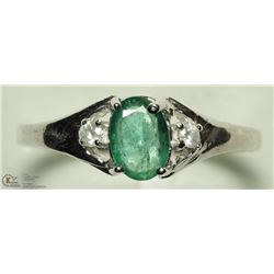 19) 10K WHITE GOLD EMERALD & 2 DIAMOND RING