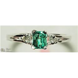 33) 14K WHITE GOLD EMERALD & 2 DIAMOND RING