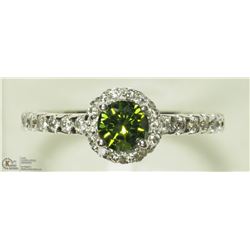 39) 14K WHITE GOLD GREEN WHITE DIAMOND HALO RING
