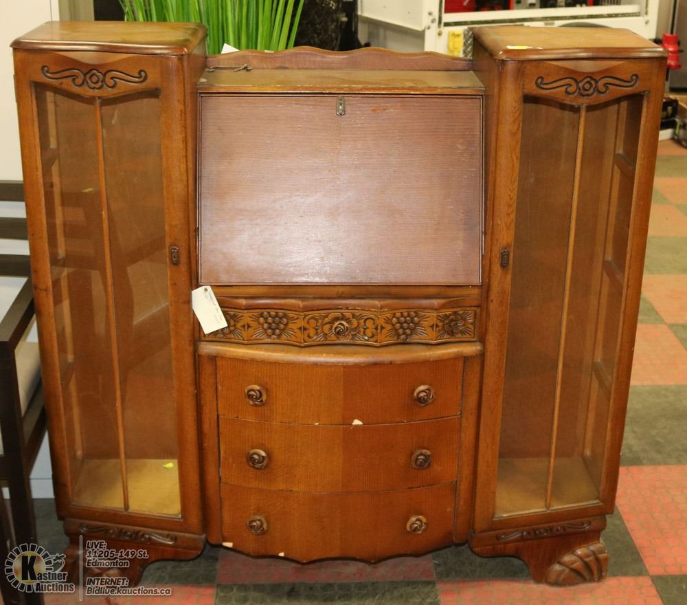 Antique Secretary Writing Desk Cabinet With 2