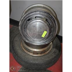 13" SPARE TIRE WITH 2 CROME RIMS AND 2 HUB CAPS
