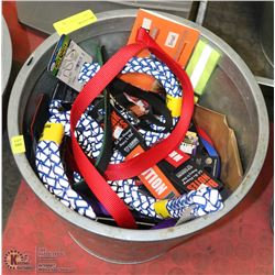 METAL BUCKET OF DOG COLLARS, LEASHES AND MORE