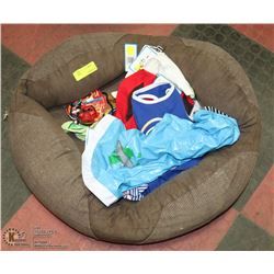 PET BED SOLD WITH ASSORTED DOG OUTFITS