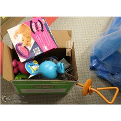BOX OF DOG TOYS, OUTFITS AND MORE. PETS