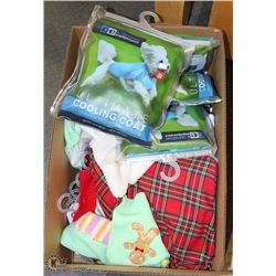 BOX OF ASSORTED SIZE DOG OUTFITS. PETS