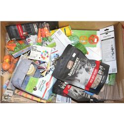 BOX OF ASSORTED DOG TOYS AND TREATS. PETS