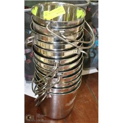STACK OF 12 SMALL METAL BUCKETS. PETS