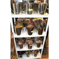 24 METAL BUCKETS OF ASSORTED DOG TREATS. PETS