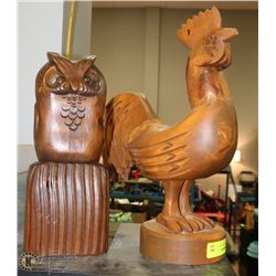 WOOD CARVED ROOSTER SOLD WITH WOOD CARVED OWL