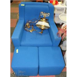 BLUE FABRIC ARMCHAIR WITH 2 OTTOMANS