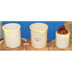 PAIR OF VINTAGE CROCKS WITH LIQUOR JUG