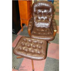 BROWN LEATHER CHAIR WITH FOOTSTOOL - GENUINE