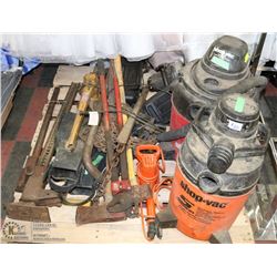 PALLET WITH SHOP VACS, TOOLS AND MORE