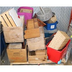 PALLET OF VINTAGE WOOD CRATES, BOXES, CABINETS