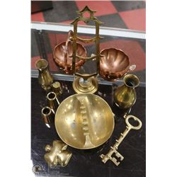 BOX W/ VINTAGE BRASS FIGURINES, ETC