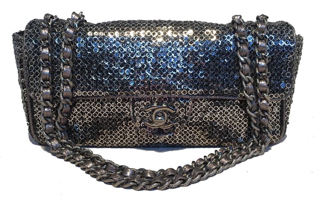 Chanel Silver Paillette Sequin Classic Flap Shoulder Bag