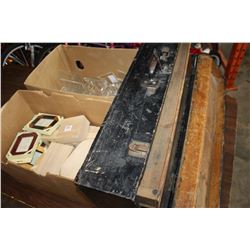 BOX OF BOXES AND DISPLAY STANDS AND LARGE WOOD TOOLBOX