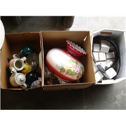 TWO LAMPS BOX OF MUGS AND FIGURES