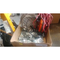 BOX OF HINGES AND CABLE AND EXTENSION CORDS