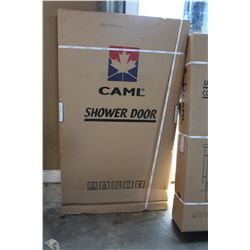NEW CAML DOUBLE SLIDING GLASS AND BRUSHED NICKEL SHOWER DOOR IN BOX