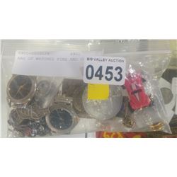 BAG OF WATCHES PINS AND COINS