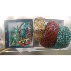 TURQUOISE AND CORAL JEWELLRY AND THREE BANGLES