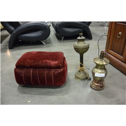 VINTAGE MOHAIR SEWING STOOL AND TWO ANTIQUE BRASS LAMP BASES