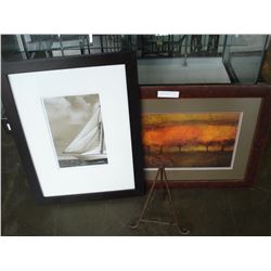 TWO FRAMED DECORATIVE PICTURES AND PICTURE STAND