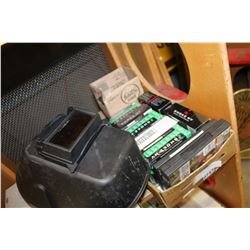SHELF LOT OF TAPES WELDING HELMET ETC