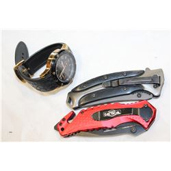 STUHRLING WATCH AND TWO POCKET KNIVES