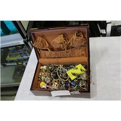 WOOD BOX OF COSTUME JEWELLRY