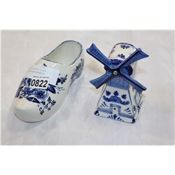 TWO PIECES OF DELFT DUTCH POTTERY SHOE AND WINDMILL