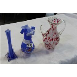 TWO BLUE ART GLASS VASES AND AS IS ART GLASS VASE