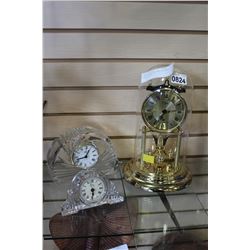 GLASS DOME CLOCK AND TWO CRYSTAL DESK CLOCKS