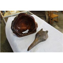 BURL BOWL AND CARVED WOLF MASK