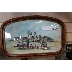 VINTAGE BUBBLE GLASS FRAME WITH OIL ON CANVAS BEDOUIN SCENE