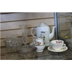 COPENHAGEN TEAPOT AND TRAY CREAM AND SUGAR AND OTHER CHINA AND CRYSTAL PIECES