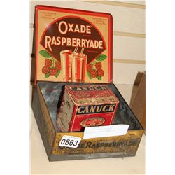 ANTIQUE DRINK TIN AND CARDBOARD CANUCK AMMO BOX