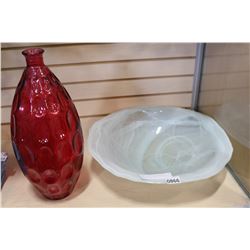 LARGE SPANISH ART GLASS BOWL AND RUBY RED VASE