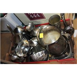 TRAY OF METAL SERVING PIECES COFFEE POT AND PITCHER