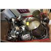 Image 1 : TRAY OF METAL SERVING PIECES COFFEE POT AND PITCHER